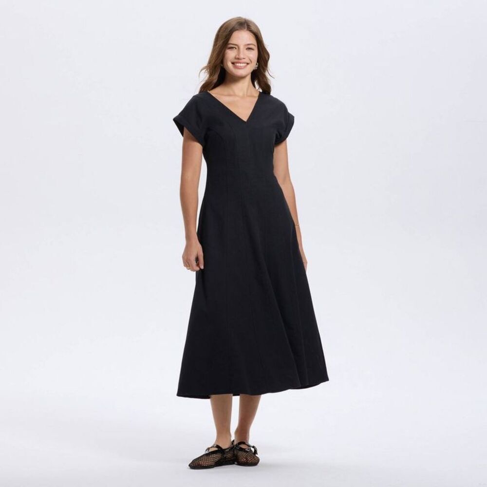 Women's Short Sleeve V-Neck Midi A-Line Dress - A New Day Black M
